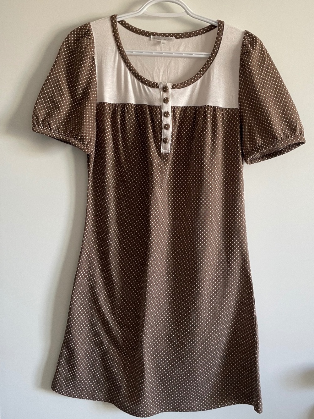 EUC Lucca Couture “Gilded Age” Brown & White Polka Dot Henley Mini Dress Large